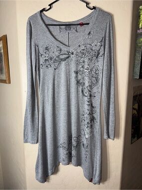 edc Gray Floral Graphic Tunic Dress Long Sleeve V Neck Handkerchief Hem XL